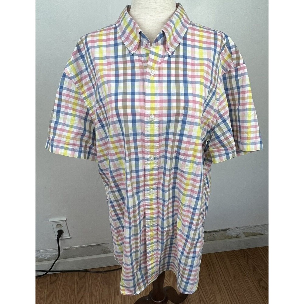 J Crew Flex Washed Men's Short Sleeved Blue Pink Plaid Button Up Size X-Large
